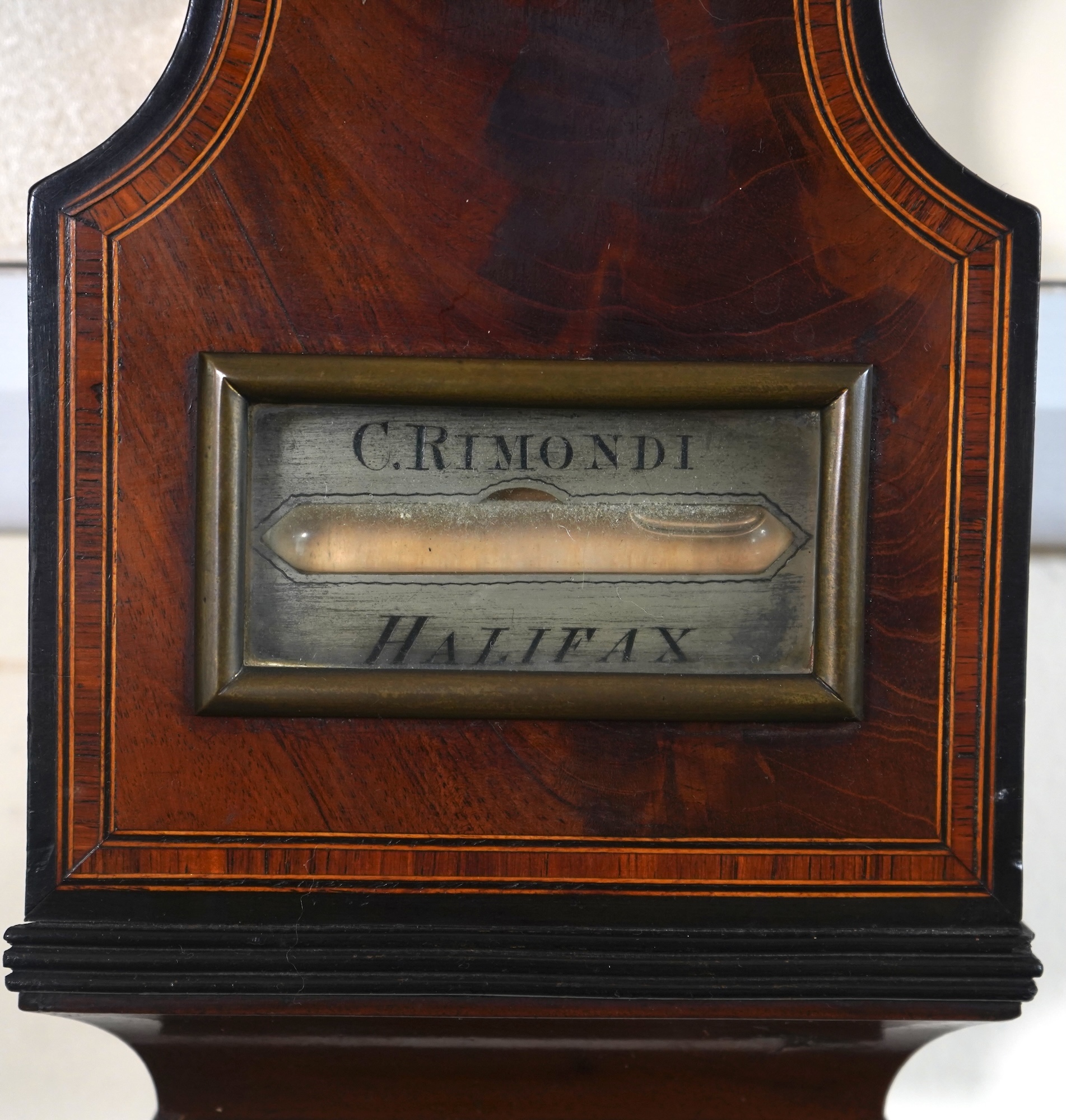 A large mid 19th century tulipwood banded mahogany wheel barometer, by C. Rimondi, Halifax